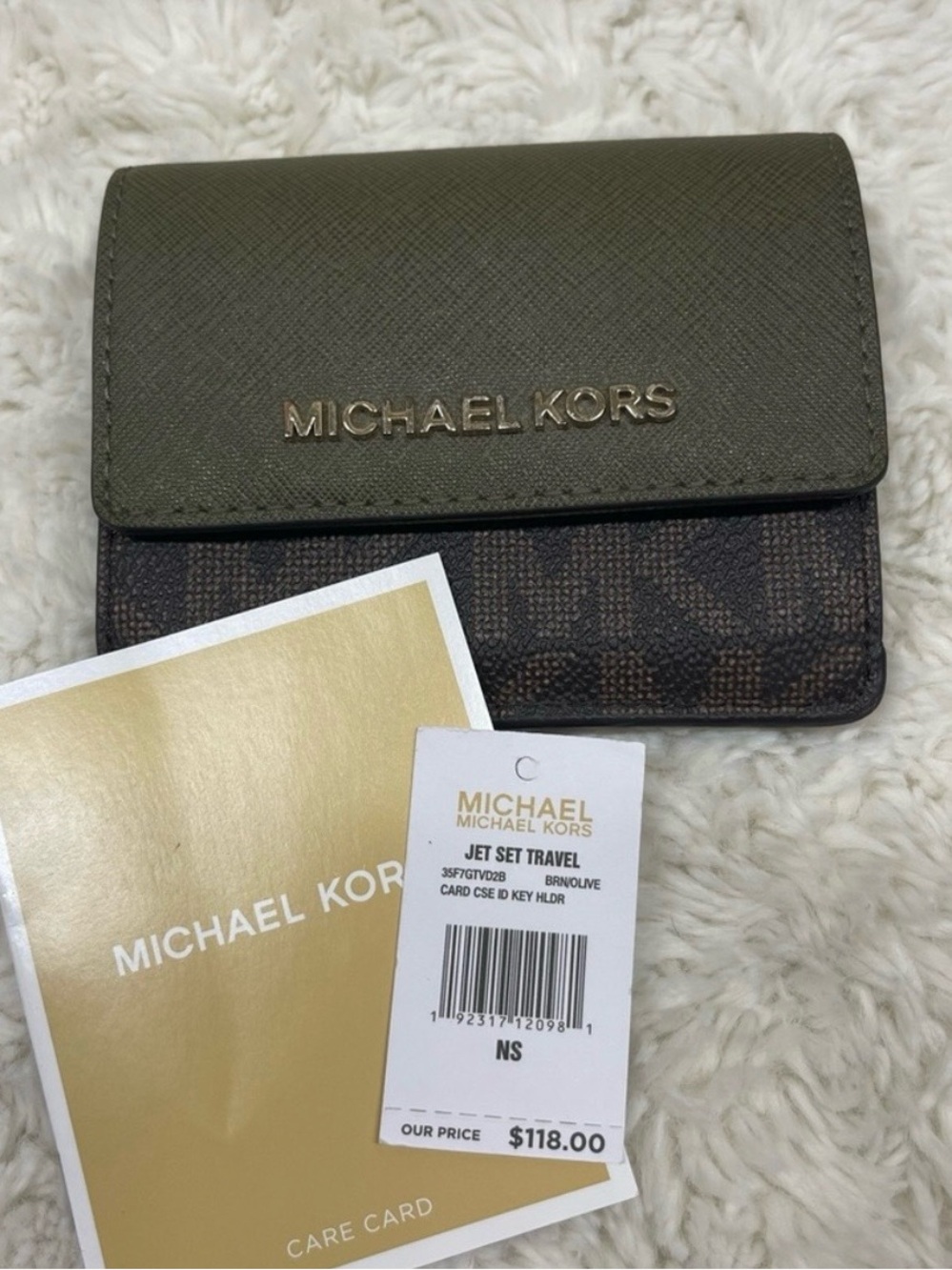 Michael Kors Olive and Brown Compact Trifold Card Holder